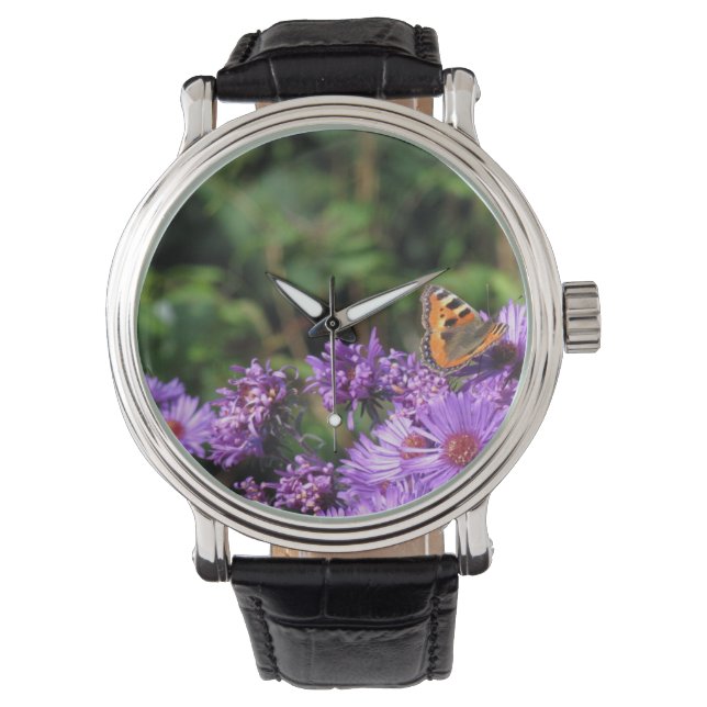 Reloj De Pulsera Mariposa monarca y flores púrpuras (Anverso)