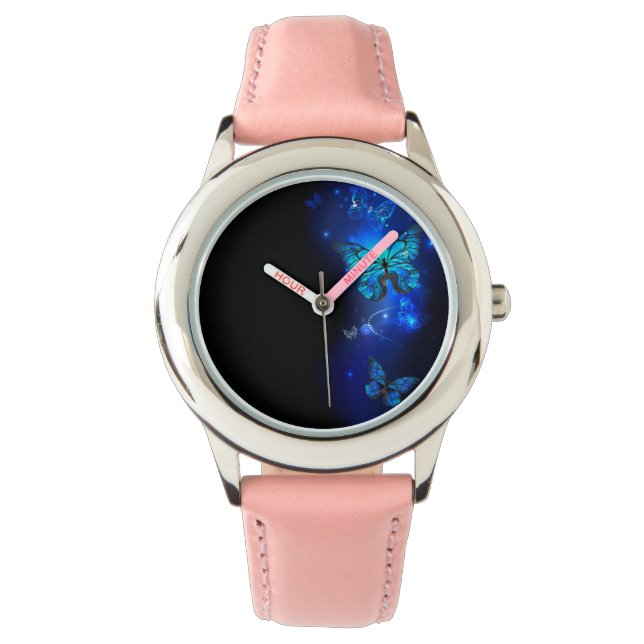 Reloj De Pulsera Mariposa morfo en el fondo oscuro (Anverso)