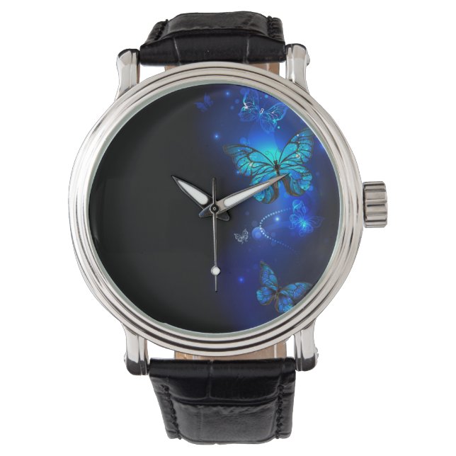 Reloj De Pulsera Mariposa morfo en el fondo oscuro (Anverso)