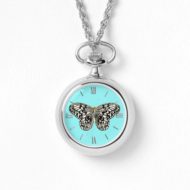 Reloj De Pulsera Mariposa negra y blanca, fondo turquesa (Anverso)