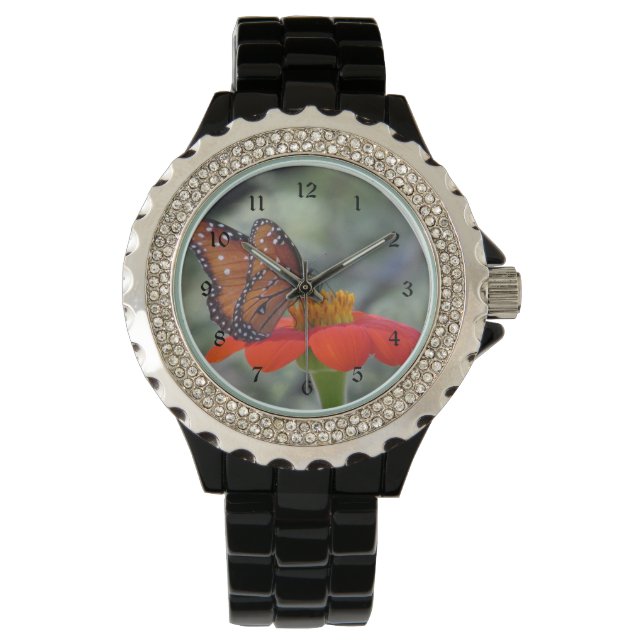 Reloj De Pulsera Mariposa Reina sobre girasol mexicano (Anverso)