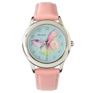 Reloj De Pulsera Mariposa rosa delgada en colores arcoiris pasteles