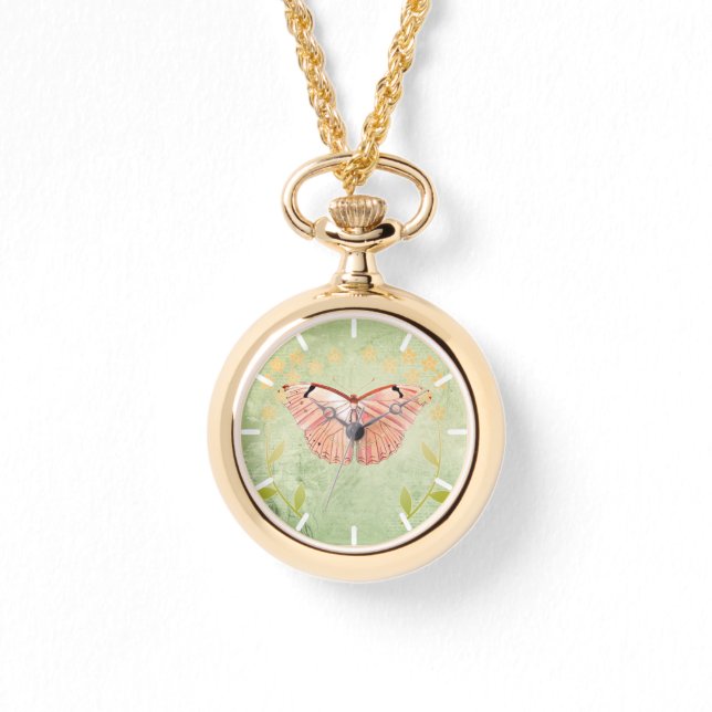 Reloj De Pulsera Mariposa rosa sobre fondo floral verde (Anverso)
