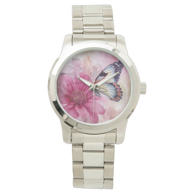 Reloj De Pulsera Mariposa soñada en lienzo floral (Anverso)