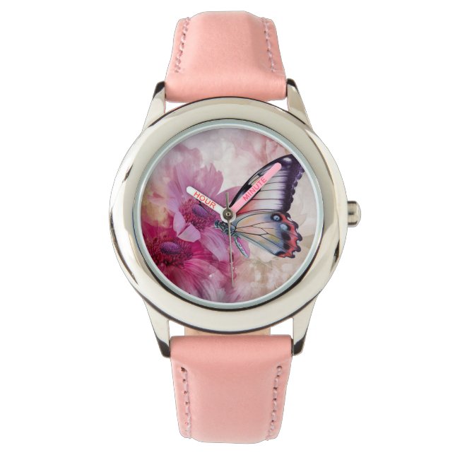 Reloj De Pulsera Mariposa soñadora con flores rosas (Anverso)