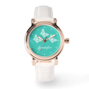 Reloj De Pulsera Mariposas Blancas Sobre Turquesa Y Nombre Personal