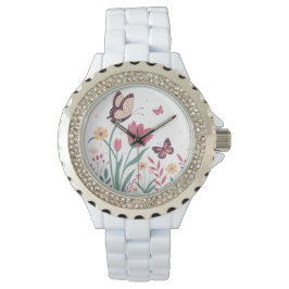 Reloj De Pulsera Mariposas con tulipanes rosados y margaritas amari