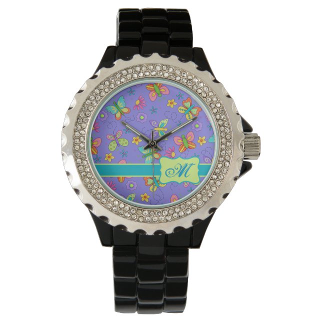 Reloj De Pulsera Mariposas débiles modernas en monograma púrpura (Anverso)