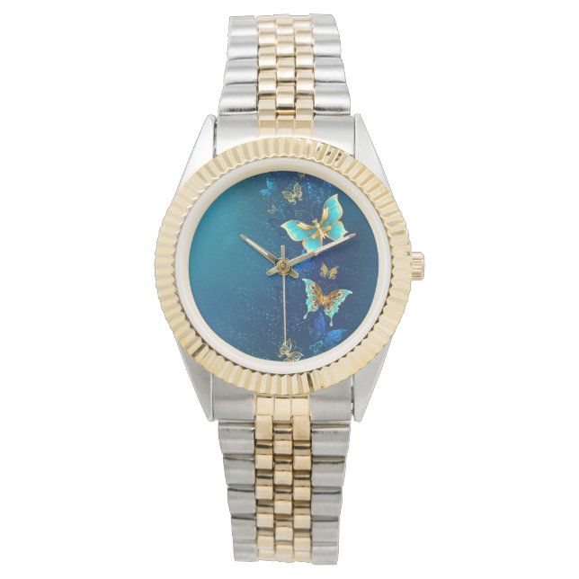Reloj De Pulsera Mariposas doradas sobre fondo azul (Anverso)
