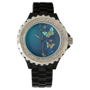 Reloj De Pulsera Mariposas doradas sobre fondo azul