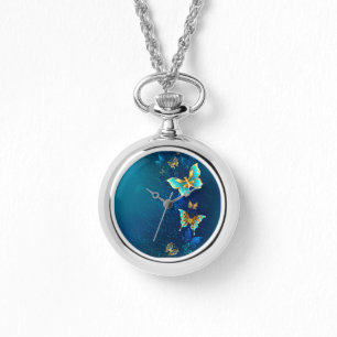 Reloj De Pulsera Mariposas doradas sobre fondo azul