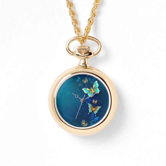 Reloj De Pulsera Mariposas doradas sobre fondo azul (Anverso)