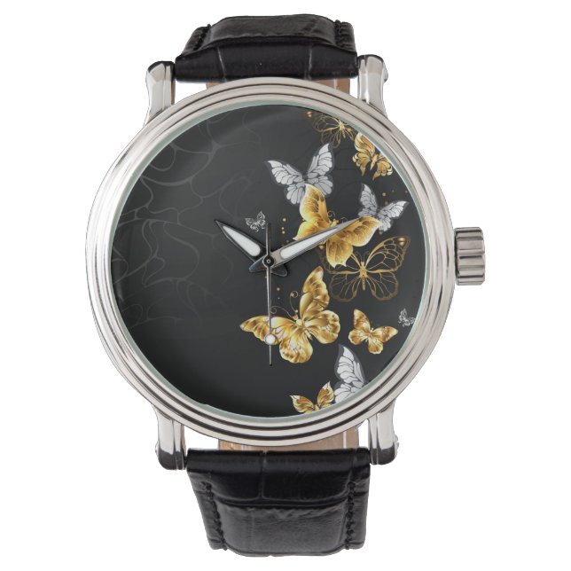 Reloj De Pulsera Mariposas doradas y blancas (Anverso)