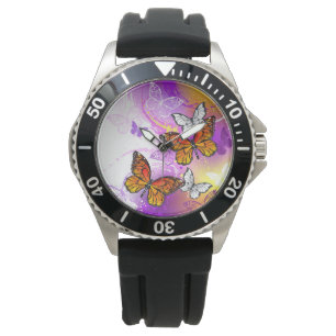 Reloj De Pulsera Mariposas monarcas en fondo morado