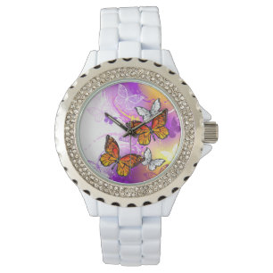 Reloj De Pulsera Mariposas monarcas en fondo morado