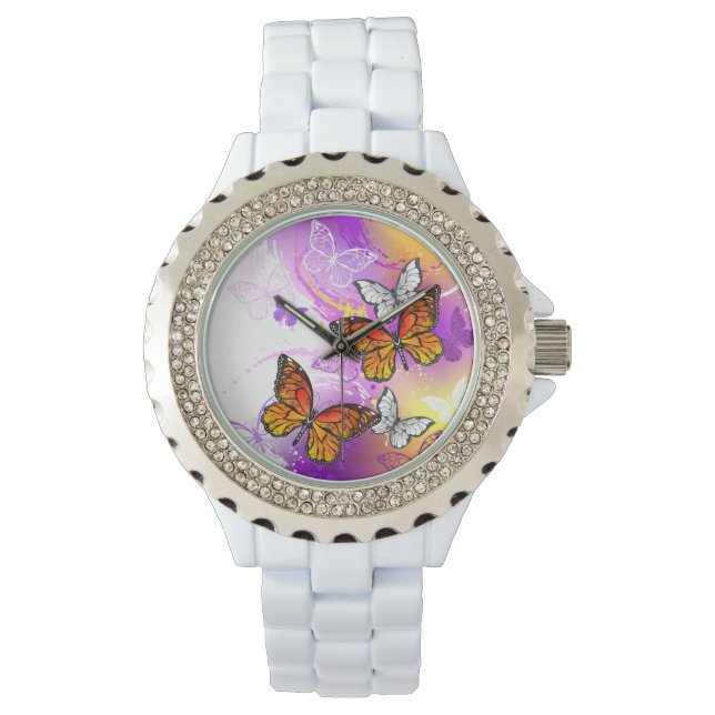 Reloj De Pulsera Mariposas monarcas en fondo morado (Anverso)