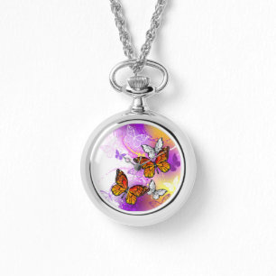 Reloj De Pulsera Mariposas monarcas en fondo morado