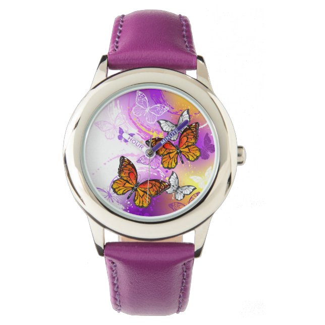 Reloj De Pulsera Mariposas monarcas en fondo morado (Anverso)