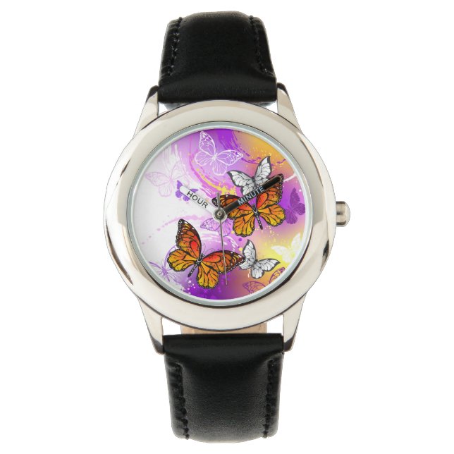 Reloj De Pulsera Mariposas monarcas en fondo morado (Anverso)