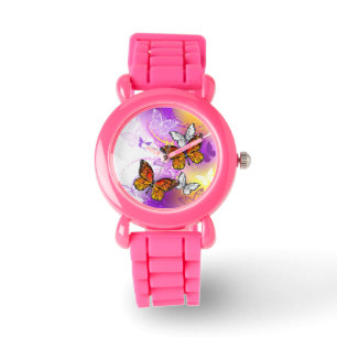 Reloj De Pulsera Mariposas monarcas en fondo morado