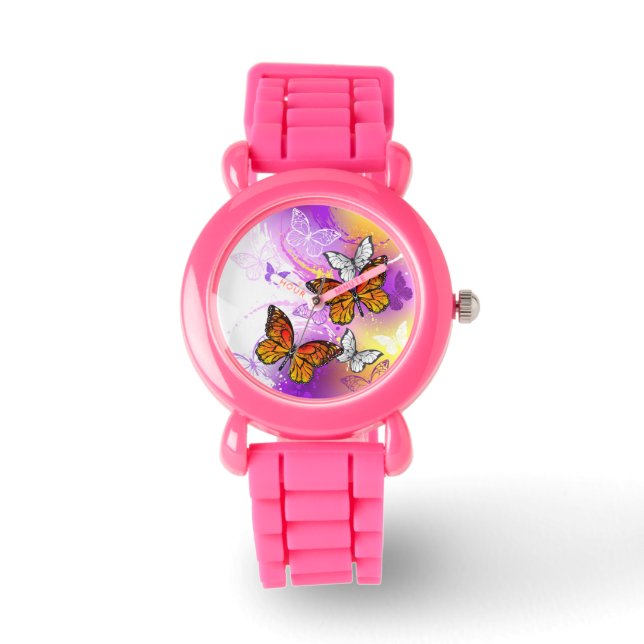 Reloj De Pulsera Mariposas monarcas en fondo morado (Anverso)