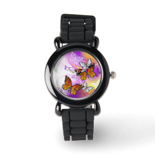Reloj De Pulsera Mariposas monarcas en fondo morado
