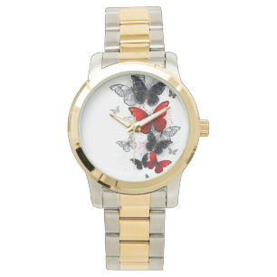 Reloj De Pulsera Mariposas Morpho voladoras negras y rojas