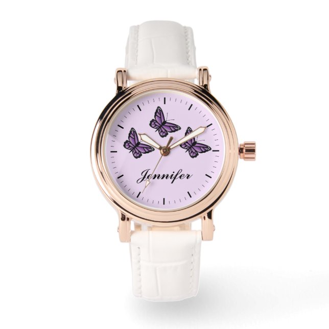 Reloj De Pulsera Mariposas Púrpuras Y Nombre Personalizado (Anverso)