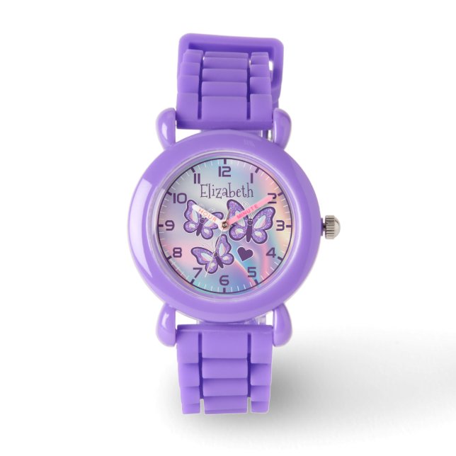Reloj De Pulsera Mariposas Purpurina Púrpura Primero Observar A Los (Anverso)