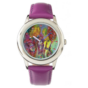 RELOJ DE PULSERA MARIPOSAS ROJAS SOBRE LOS AMARILLOS AMARILLOS,AZUL
