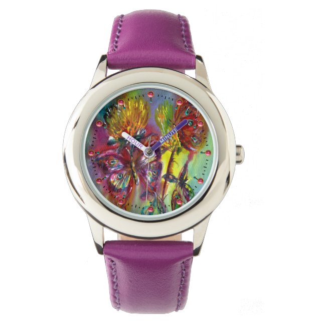 RELOJ DE PULSERA MARIPOSAS ROJAS SOBRE LOS AMARILLOS AMARILLOS,AZUL (Anverso)