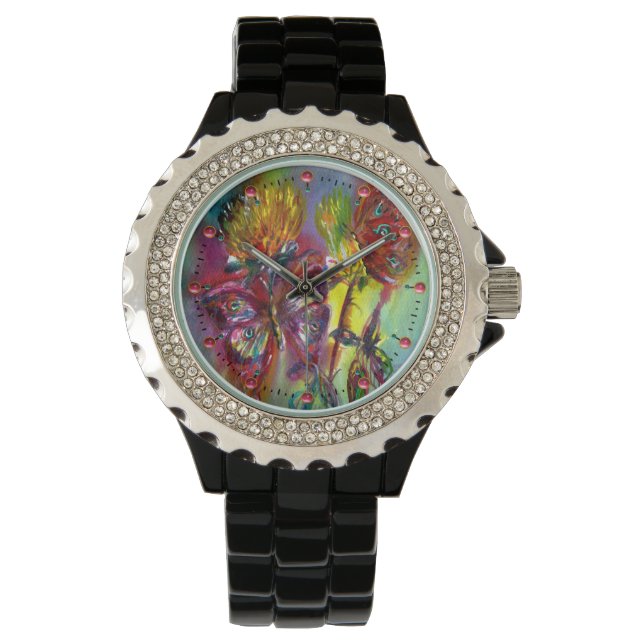 RELOJ DE PULSERA MARIPOSAS ROJAS SOBRE LOS AMARILLOS AMARILLOS,AZUL (Anverso)