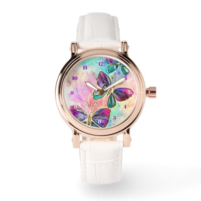 Reloj De Pulsera Mariposas Rosa Púrpura Observan (Anverso)