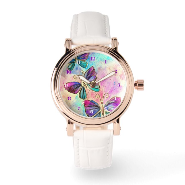 Reloj De Pulsera Mariposas Rosa Púrpura Observan (Anverso)