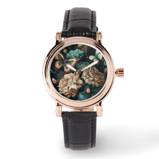 Reloj De Pulsera Mariposas y flores diseño clásico oscuro (Anverso)