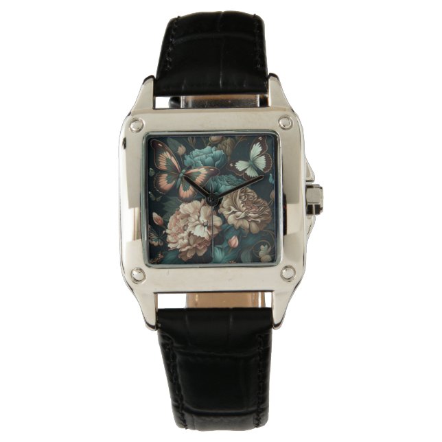 Reloj De Pulsera Mariposas y flores diseño clásico oscuro (Anverso)