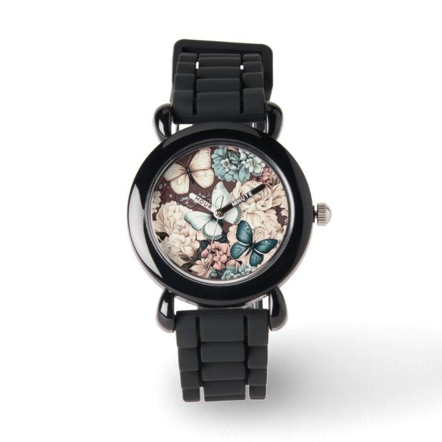 Reloj De Pulsera Mariposas y flores marrones (Anverso)