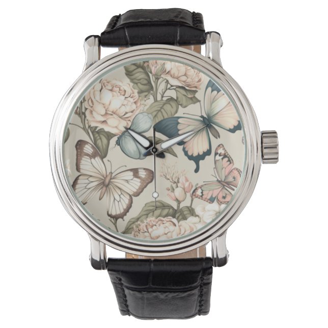 Reloj De Pulsera Mariposas y flores pastel (Anverso)