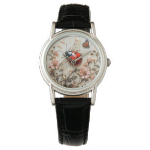 Reloj De Pulsera Mariquita Flores Rosadas Perlas Mariposa