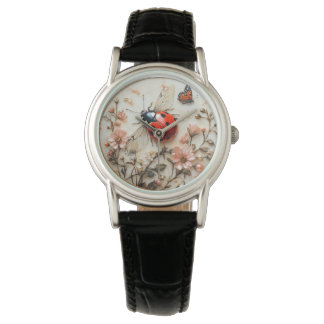 Reloj De Pulsera Mariquita Flores Rosadas Perlas Mariposa