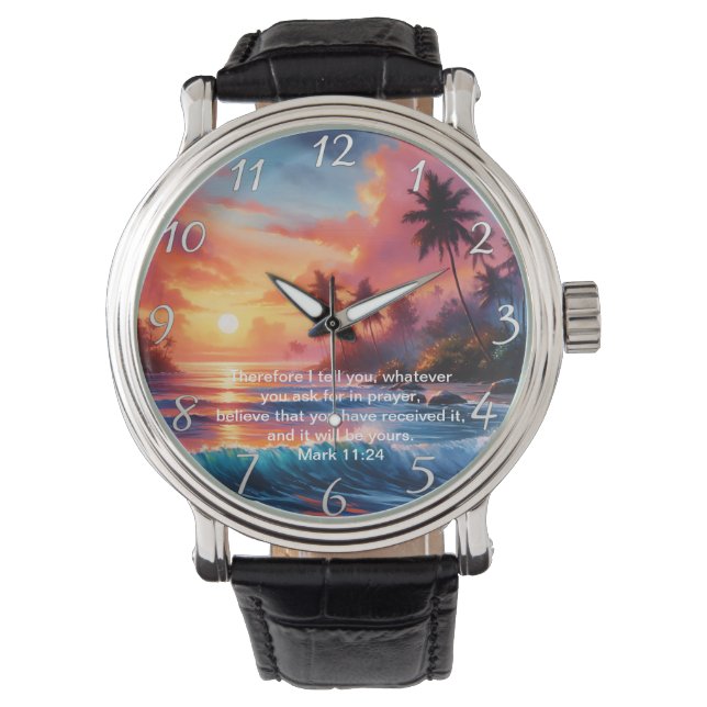 Reloj De Pulsera Mark 11:24 Inspiring Cross Sunset Ocean (Anverso)