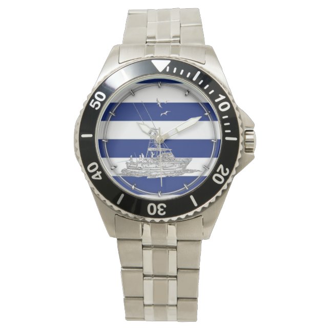 Reloj De Pulsera Marlin Fishing Chrome en franjas náuticas (Anverso)