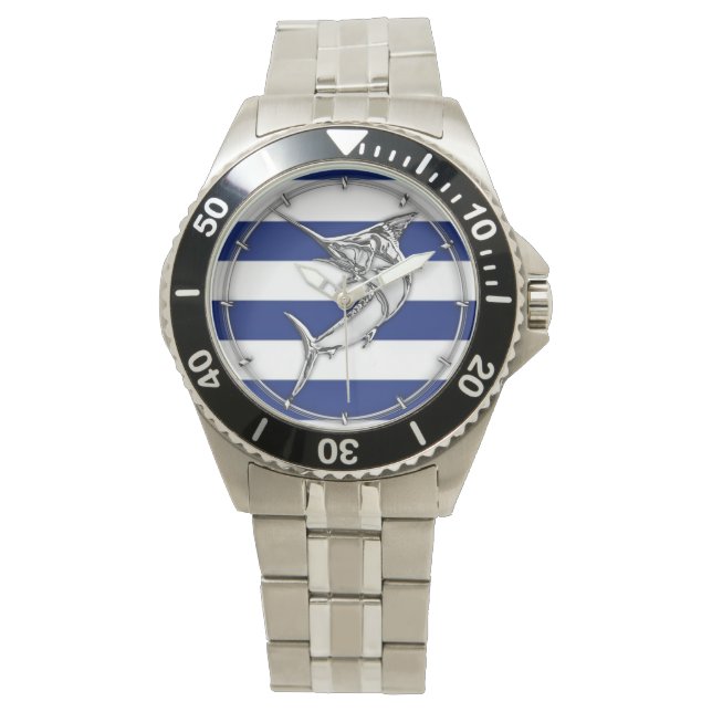 Reloj De Pulsera Marlin Swordfish en franjas azules náuticas (Anverso)