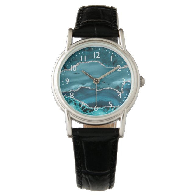 Reloj De Pulsera Mármol Ágata Brillo Falso Verde Teal y Plata (Anverso)