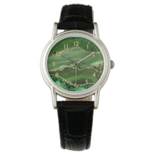 Reloj De Pulsera Mármol Ágata Brillo Verde y Dorado Falso