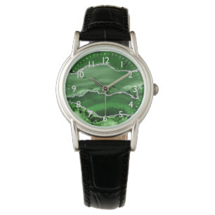 Reloj De Pulsera Mármol Ágata Verde y Plateado con Brillo Falso