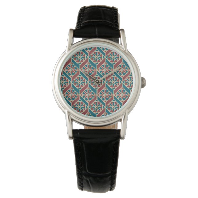 Reloj De Pulsera Marrón, patrón étnico Verde azulado, flores, cheur (Anverso)