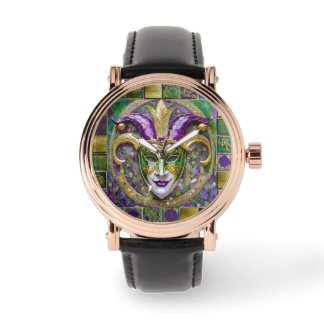 Reloj De Pulsera Máscara de bufón de Mardi Gras verde púrpura dorad