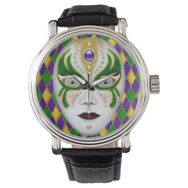 Reloj De Pulsera Máscara de Mardi Gras sobre el fondo del Harlequin (Anverso)