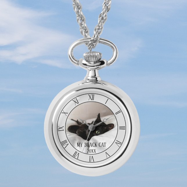Reloj De Pulsera Mascota Foto Black Cat Name Necklace Watch (Upload a photo of your best friend and add their name (or yours))